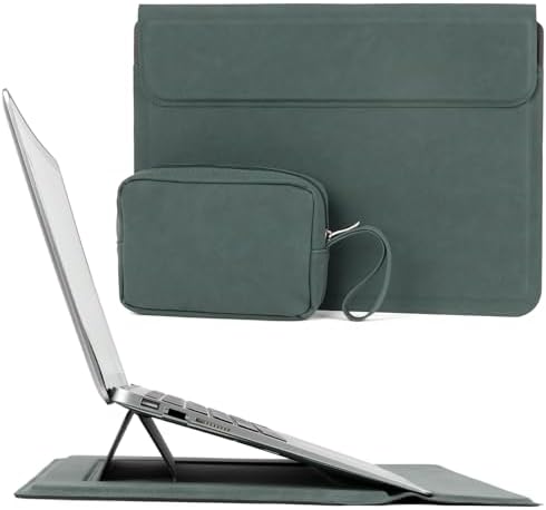 Allinside 13-14 Inch Laptop Sleeve Case for MacBook Pro 14" 2021-2026/MacBook Air 13" 2010-2017/MacBook Pro 13" 2010-2015, Waterproof Matte PU Leather Sleeve with Stand & Accessory Pouch, Dark Green