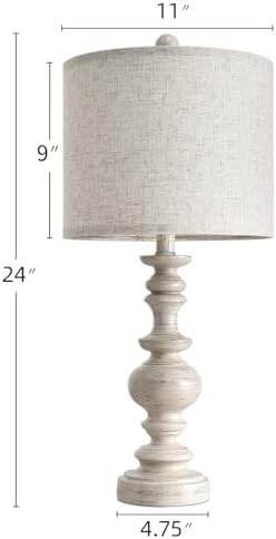 BOBOMOMO 24" Farmhouse Resin Table Lamp Set of 2, Vintage Lamps for Living Room Bedroom with Linen Shades, Traditional Rustic Bedside Lamps Retro Table Lamps for Living Room, Bedroom, Office