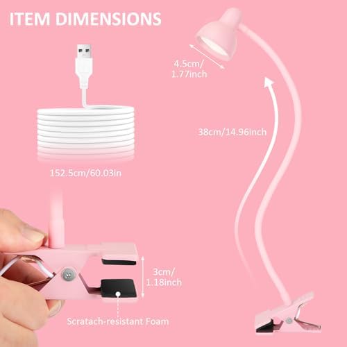 LiFMIRA Pink Small Desk Lamp Clip on LED Reading Light for Bed