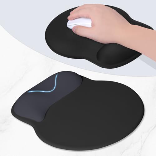 ITNRSIIET Ergonomic Mouse Pad with Wider Memory Foam Wrist Rest +17%, Curved Cushion Reduces Pressure 20%, Pain Relief, Non-Slip, Smooth, Cute Color Desk Accessory, 9.85 x 9 inch, Black Gray