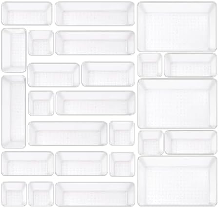 Clear Acrylic Drawer Organizers Set Storage for Makeup, Office Desk Small Vanity Trays for Drawer Bathroom Plastic Make up Organizers 25 Pcs