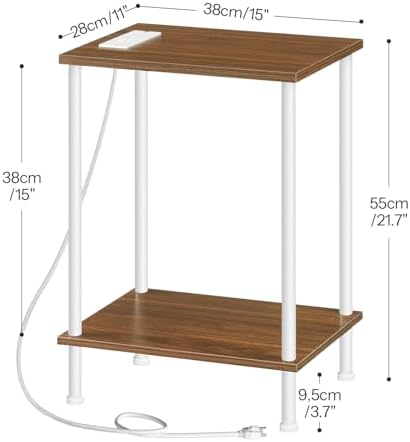 HOOBRO Side Table with Charging Station, End Table with USB Port and Outlets, Nightstand with 2-Layer Storage Shelves for Small Spaces, Living Room, Bedroom, Walnut and White WH09UBZ01