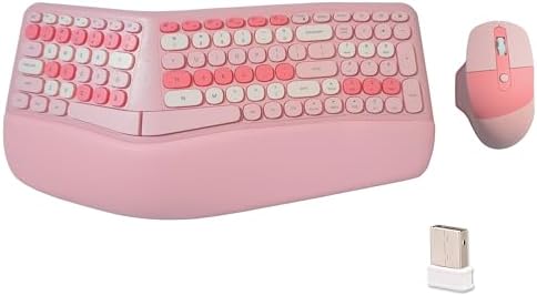 Wireless Ergonomic Keyboard and Mouse Combo with PU Wrist Rest, Carpal Tunnel Keyboard, 2.4G Colorful Split Ergo Keyboard, Comfortable Natural Typing, Compatible with PC/Laptop (Pink)