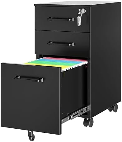 3 Drawer Slim File Cabinet, Mobile Filing Cabinet with Lock,Black Rolling Narrow File Cabinets with Casters, Under Desk Office Cabinets for Home Office,Fit A4/Letter/Legal(Unassembled)