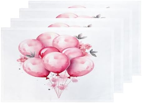 Shrahala Balloons Flowers Set of 4 12 X 18 Inch Linen Placemats, A Bunch of Pink Balloons Burlap Table Mat Washable Double Layered Heat Insulation for Indoor/Outdoor