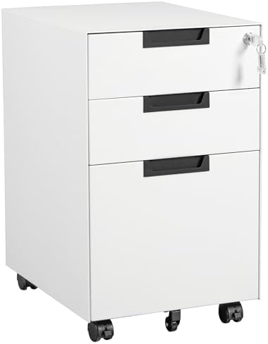 Letaya 3 Drawer Mobile File Cabinet with Lock,Under Desk Metal Small Filing Cabinets for Home Office Organizer Letters/Legal/A4(Fully Assembled Except Wheels-White)