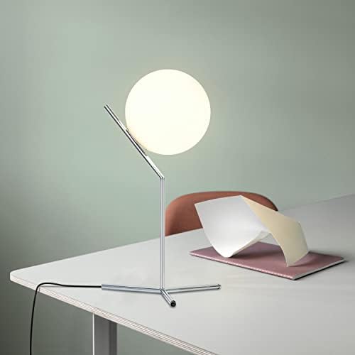 BOKT Modern Chrome Metal Globe Table Lamp Contemporary Milk White Glass Reading Lamp 1-Light E26 Table Standing Lamp Home Decor Glass Ball Iron Lighting Fixture for Bedside Hotel Shop Office Gifts