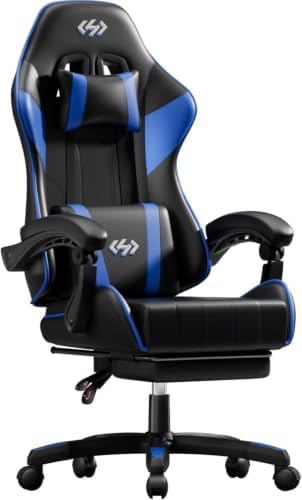 HLDIRECT Gaming Chair with Footrest, Lumbar Support & Headrest, Black&Blue