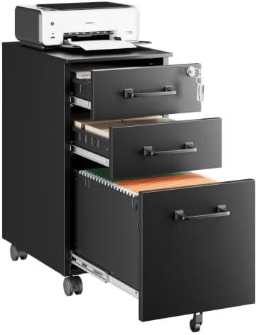 Letaya 3 Drawer Mobile File Cabinet with Lock,Under Desk Metal Filing Cabinets for Home Office Organizer,Small Rolling Printer Stand with Wheels,for Letters/Legal/A4(Assembly Required) (Black)