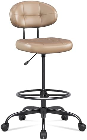 Misolant Drafting Chair Without Arms, Tall Office Chair with Footrest Ring for Standing Desk, Small Faux Leather Executive Office Chair with Adjustable Height for Bar Lab Counter Height Desk, Brown