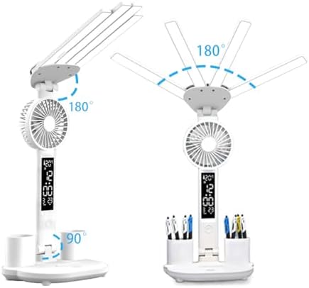 6-in-1 Led Desk Lamp Adjustable Foldable Table Lamp with Fan, Clock, Dates, Temperature, Pen Holder, 3 Color & Stepless Dimming, Reading Lamp for Study Table Work Office