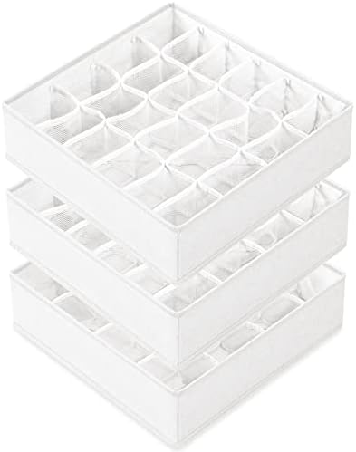 Criusia 3 Pack Sock Underwear Drawer Organizer Dividers, 64 Cell Fabric Foldable Cabinet Closet Organizers and Storage Boxes for Storing Socks, Panties, Ties (16+24+24 Cell, White)