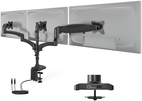 Mount-It! Triple Monitor Desk Stand, USB-A & C, Black