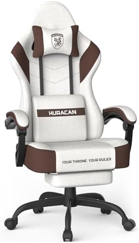Ferghana Cotton Fabric Gaming Chair - Wider Seat Cushion, Shield-Shaped Embroidery, Ergonomic High Back with Footrest, Computer Gamer Chair for Adults Featuring Massage Lumbar Support, Brown