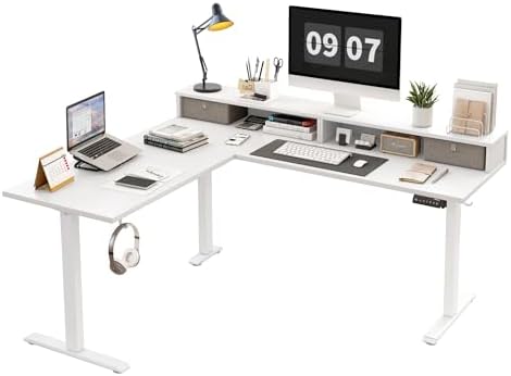 Agilestic 63 Inch L Shaped Electric Standing Desk with Drawer, White