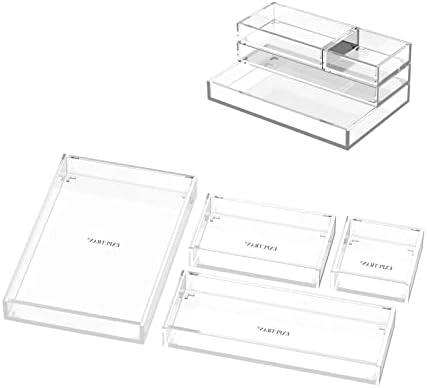 Clear Acrylic Desk Organizer for Office or Home Desk Drawer Dividers, Makeup Vanity Storage Bins, Stackable 4-Pack, Acrylic Accessory and Half Accessory Tray/Small Tray