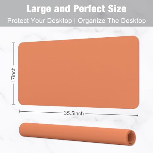 Hsurbtra Desk Pad, 35.5" x 17" PU Leather Desk Mat, XXL Extended Mouse Pad, Waterproof Desktop Blotter Protector, Non-Slip Ultra Thin Large Laptop Keyboard Writing Mat for Office Home, Orange Pink