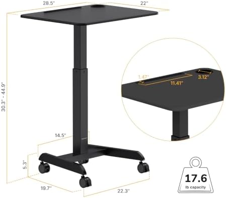 Mount-It! Laptop Cart Rolling Desk Adjustable Height with 28.5" x 22" Tabletop, Ergonomic Sit-Stand Workstation on Wheels Portable for Home Office, Dorm, Classroom, Black