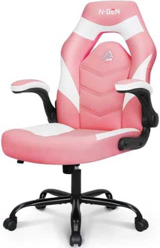 N-GEN GAMING Video Gaming Chair Ergonomic Office Desk Chair with Lumbar Support Adjustable Height Padded Flip Up Arms and Swivel Wheels Racing Style Design for Adults with PU Leather (Pink)