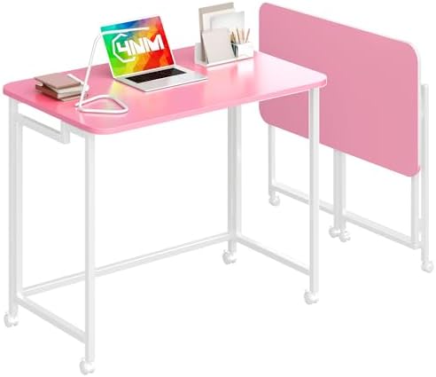 4NM 31.5" Mobile Small Rolling Computer Desk, Folding Laptop Cart Table with Wheels, Portable Office Desk for Small Space Couch Bed - Pink and White