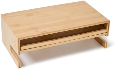 Wood Monitor Stand Riser Organizer for Desk Top with Storage Drawer & Phone Holder,Bamboo Monitor Stand with Keyboard Tray, Non Slip Desk Riser, Desk stand for computer monitor