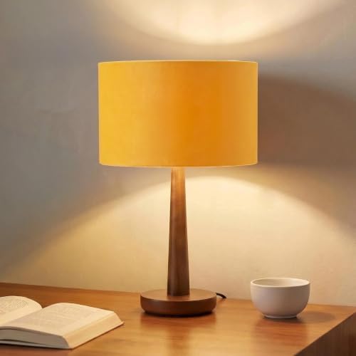 18.5" Modern Dimmable Walnut Wood Table Lamp with Velvet Shade, Orange