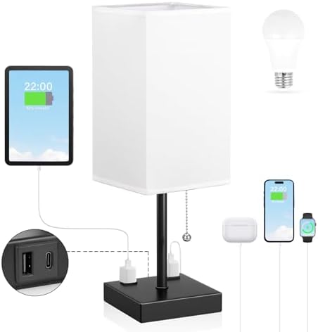 Bedside Lamp for Bedroom - 3 Color Temperatures, USB A+C, 2 AC Outlets