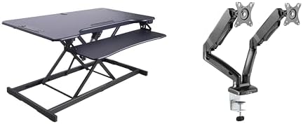 Rocelco 46" Electric Standing Desk Converter with AC Outlet USB Charger and Dual Monitor Arm Mount - Motorized Adjustable Sit Stand Riser - Tabletop Workstation Keyboard Tray - Black (R EDRB-46-MA2)