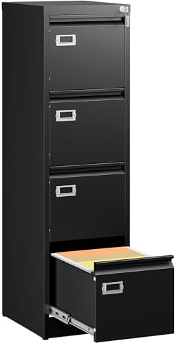 SISESOL 4 Drawer File Cabinet with Lock and Tag,Black Vertical File Cabinet,Narrow Locking Filing Cabinets with Drawers,Metal Filing Storage for Home Office Fit A4 Legal/Letter Size