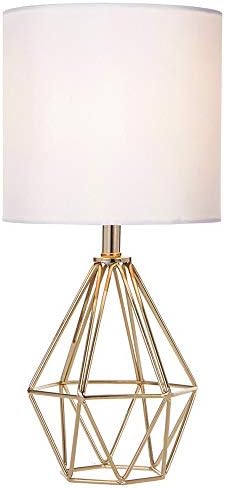 Gold Modern Hollow Out Base Bedroom Small Table Lamp,Bedside Nightstand Lamp with Geometric Metal Base White Fabric Shade,Cute Desk Lamp for Kids Living Room
