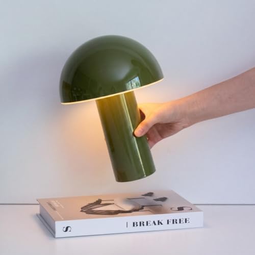 Brightech Celia Table Lamp – 10" Touch-Controlled Mushroom Accent Lamp, Cordless & Dimmable LED, Portable Bedside Accent Light, Recycled Sustainable Modern Lamp for Home Décor – Olive Green