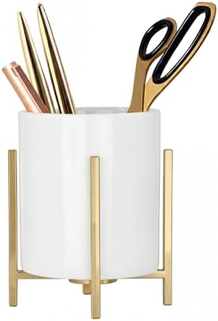 4.72" Gold Pen Holder Aesthetic Pencil Holder for Desk, Gold Desk Organizers and Accessories for Women Girls, Ceramic Pen Holder for Office