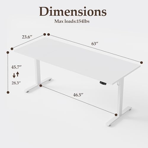 Klicelor 63 Inch Large Electric Standing Desk, Height Adjustable Office Desk, Sit Stand Up Computer Gaming Desk with Memory Preset, Three-Piece Desktop, White