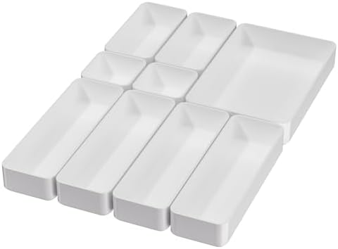White Desk Drawer Organizer Trays: 9PC Shallow Vanity Bathroom Organizers