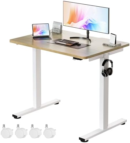 Okin Small Electric Standing Desk, 36" x 24" Whole Piece Height Adjustable Desk, Oak Sit to Stand Computer Workstation with Wheels for Home Office
