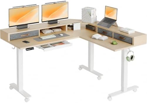 Claiks Dual Motor L Shaped Standing Desk with Drawers, 63inch, Nature
