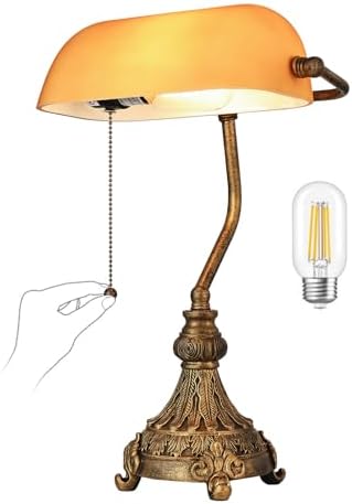 Vintage Amber Glass Bankers Desk Lamp,LED Bulb Included