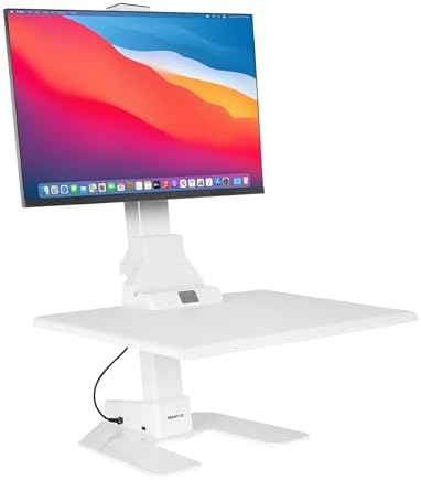 Mount-It! Electric Standing Desk Converter, Adjustable Tabletop Sit Stand Desk Riser with Single Monitor Mount for Monitors up to 32", Freestanding 28" Wide Platform Rises up to 20.75" White