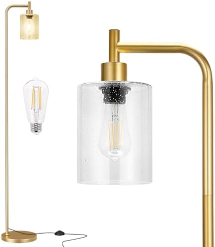 Ziisee Floor Lamps for Living Room - Standing Lamp with Seeded Glass Shade, Modern Gold Floor Lamp with LED Bulbs, Bright Industrial Floor Lamp for Bedroom, Tall Lamp for Office - Gold