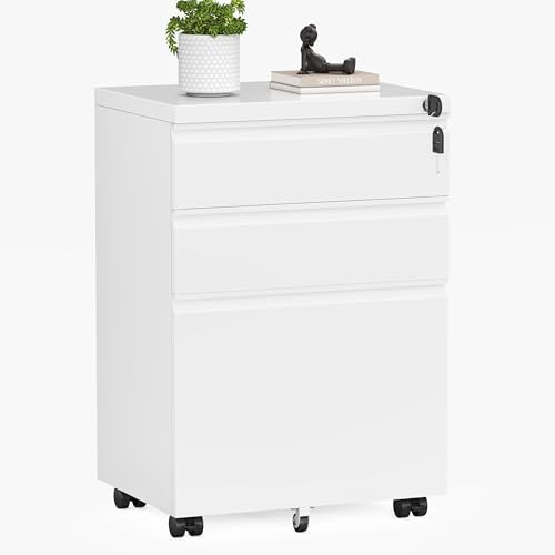 INTERGREAT 3 Drawer Mobile File Cabinet with Lock, Metal Filing Cabinets for Home Office, Rolling Under Desk Organizer for Letters/Legal/A4, (Fully Assembled-White)