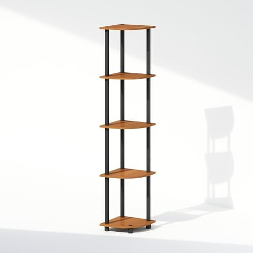 Furinno Turn-N-Tube Storage Shelves, 5-Tier Book Shelf, Corner Shelf, Toolless Open Shelves, for Organization and Storage, Living Room, Home Office, Hallway, Bedroom, Light Cherry