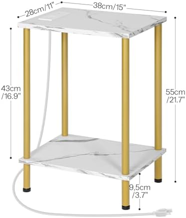 HOOBRO Side Table with Charging Station, Set of 2 End Tables with USB Port and Outlet, Nightstand with 2-Layer Storage Shelves for Small Spaces, Living Room, Bedroom, Gold and Marble DM09UBZP201