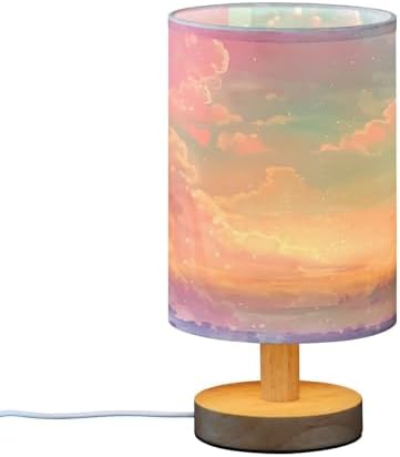 Bedside Lamp Princess Castle Pink Sky Table Lamp for Bedroom LED Nightstand Lamp Shade USB Ports Wood Base for Living Room Dorm Office