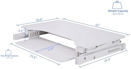 Rocelco 32" Height Adjustable Standing Desk Converter with Anti Fatigue Mat BUNDLE | Sit Stand Up Dual Monitor Riser | Computer Workstation | Large Retractable Keyboard Tray | White (R ADRW-MAFM)