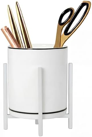 Desk Ceramic Pencil Cup with Metal Legs, Ceramic Pencil Cup, Black and White Pen Holder Cup for Office, Desk Decor for Women Girls, Cute Makeup Brushes Holder