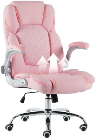 Executive Office Chair, Ergonomic Heavy Duty Desk Chair with Flip‑Up Armrests, 400 LBS High Back Comfy Computer Gaming Chairs for Home Office, Breathable PU Leather (Pink)