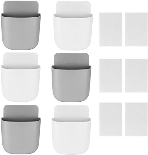 6 Pcs Remote Control Holder Wall Mounted, Self-Adhesive Wall Mount Phone Pen Pencil Makeup Brushes Glasses Holder Storage Box Organizer for Wall Beside Table (3 White+ 3 Grey)