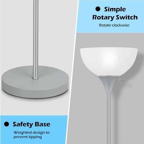 Coucrek Floor Lamp, LED Standing Lamps with White Plastic Shade, Corner Floor Lights for Living Room Bedroom, Rotary Switch, Bulb not Included, Grey