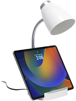 Simple Designs LD1067-WHT Compartmental Desk Lamp with iPhone/iPad/Tablet Stand, Bendable Gooseneck, for Office, Living Room, Nightstand, Library, Entryway, White