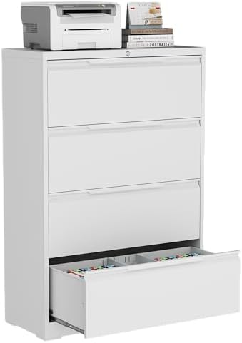 4 Drawer File Cabinet with Lock,Metal File Cabinet for Home Office,Heavy-Duty Steel Locking File Cabinet, Hanging Letter/Legal/A4 Size,Full-Extension Silent Drawer,Un-Assembly,White